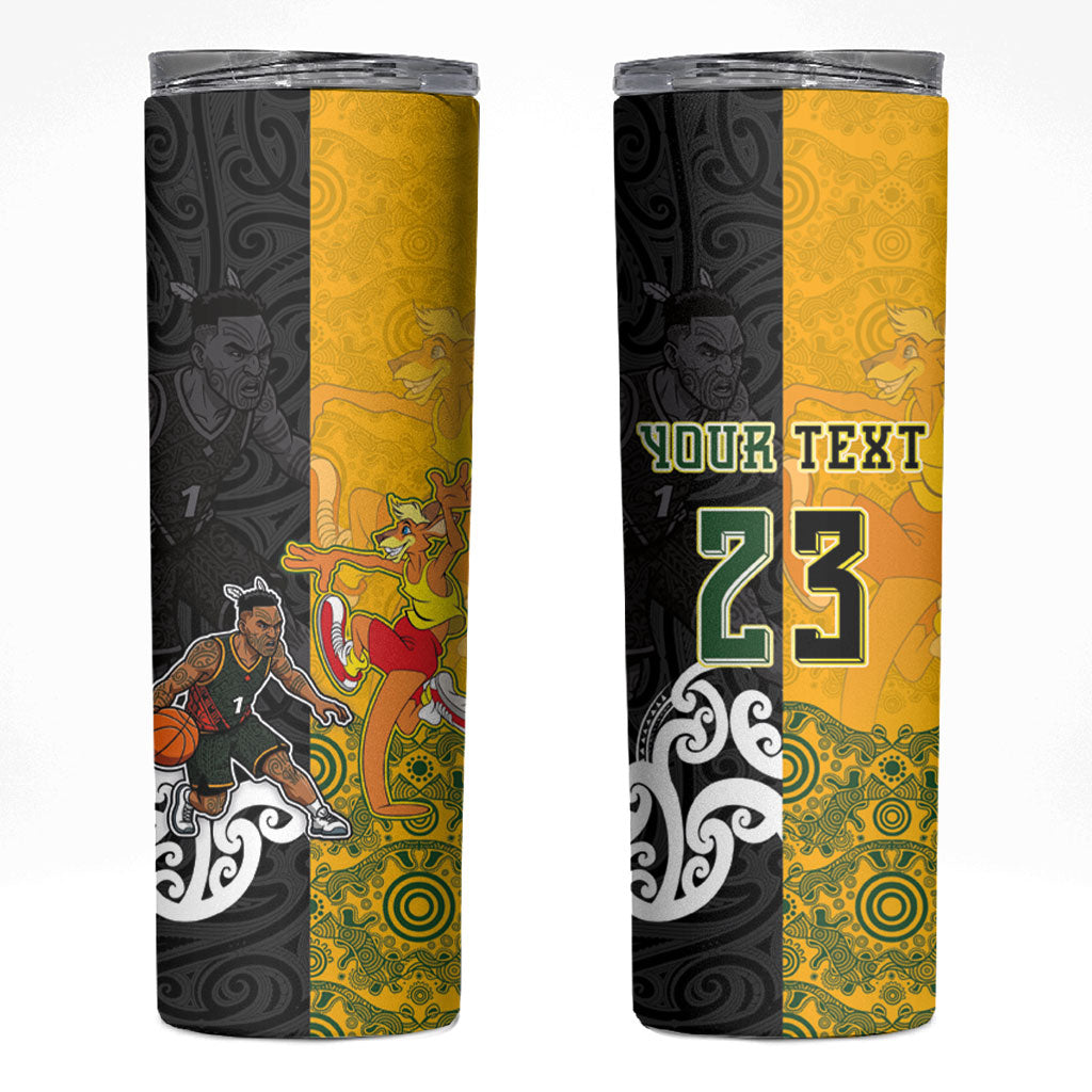 Aotearoa New Zealand And Australia Basketball Custom Skinny Tumbler Maori Tribal Tattoo And Aboriginal Dot Art Heritage LT03 Multicolor - Polynesian Pride