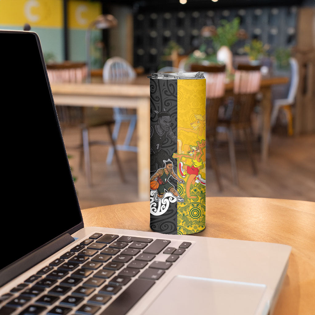 Aotearoa New Zealand And Australia Basketball Custom Skinny Tumbler Maori Tribal Tattoo And Aboriginal Dot Art Heritage LT03 - Polynesian Pride