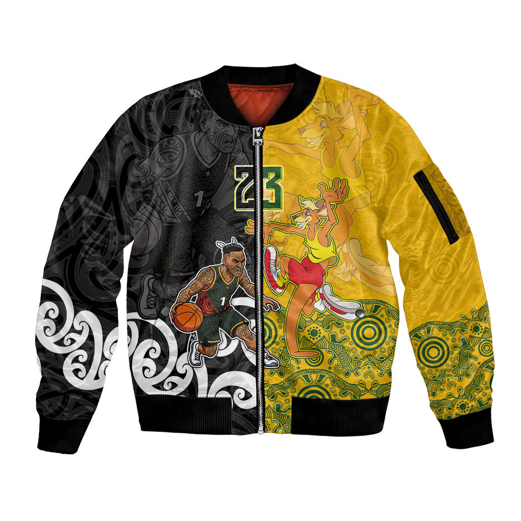 Aotearoa New Zealand And Australia Basketball Custom Sleeve Zip Bomber Jacket Maori Tribal Tattoo And Aboriginal Dot Art Heritage LT03 Unisex Multicolor - Polynesian Pride
