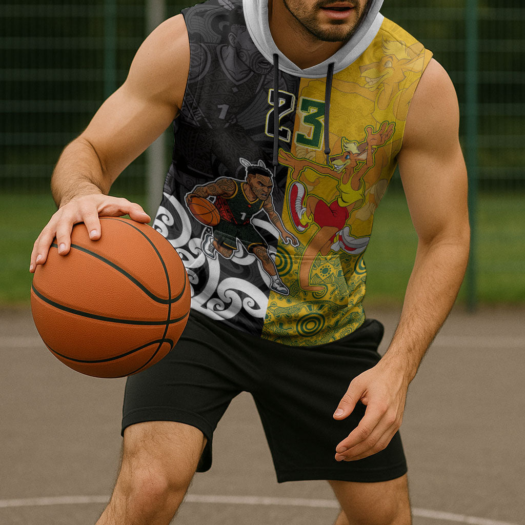 Aotearoa New Zealand And Australia Basketball Custom Sleeveless Hoodie Maori Tribal Tattoo And Aboriginal Dot Art Heritage LT03 - Polynesian Pride