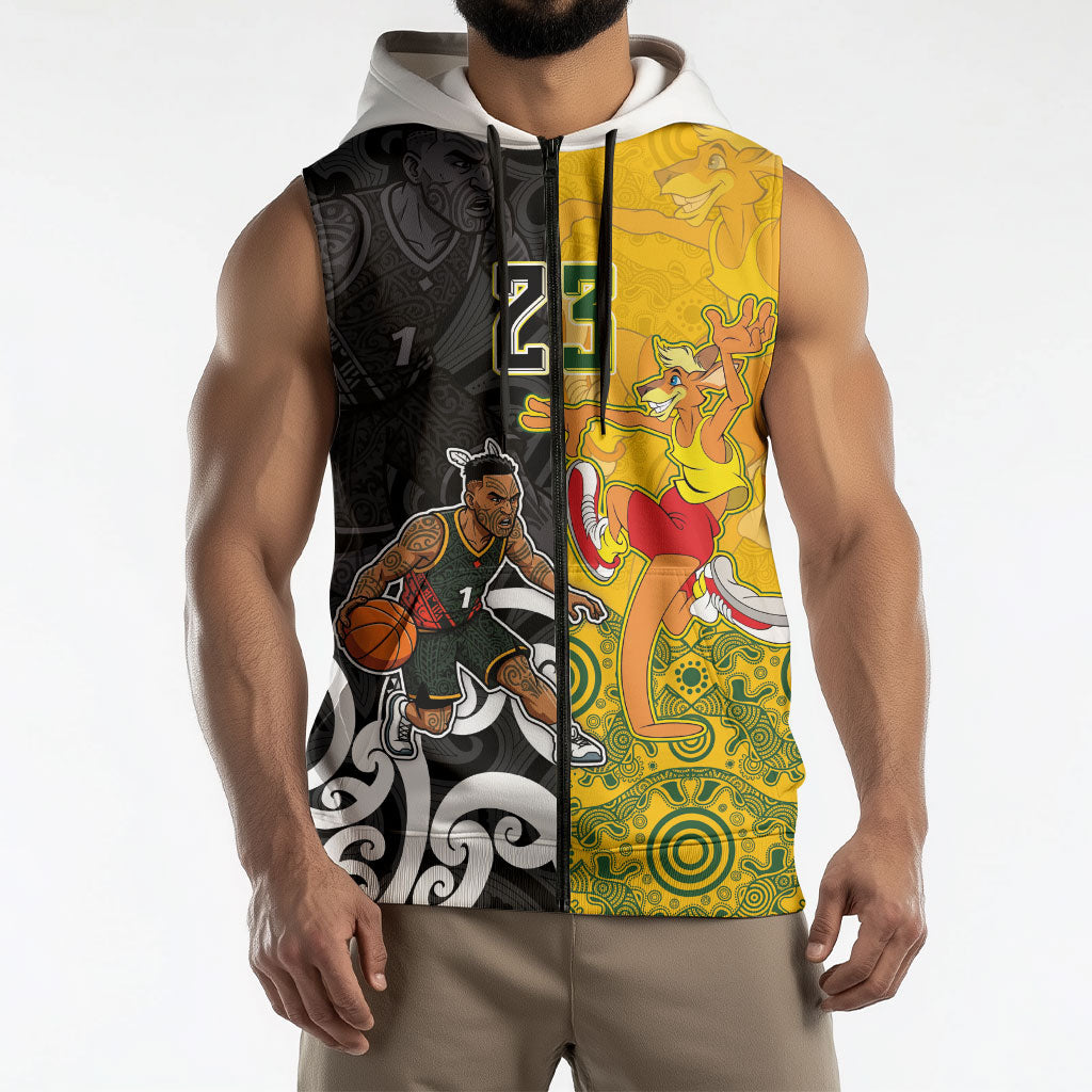 Aotearoa New Zealand And Australia Basketball Custom Sleeveless Zip Hoodie Maori Tribal Tattoo And Aboriginal Dot Art Heritage LT03 - Polynesian Pride