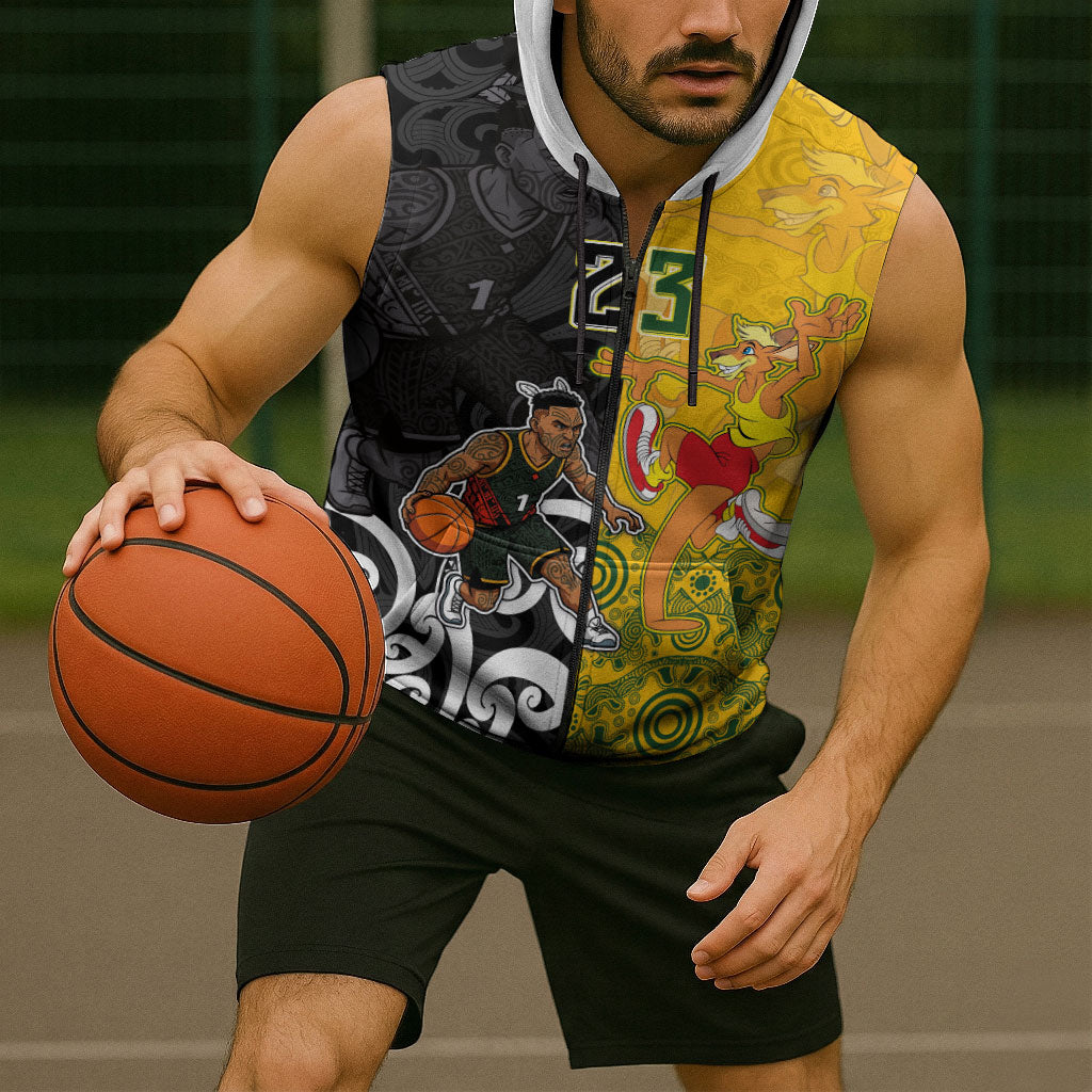 Aotearoa New Zealand And Australia Basketball Custom Sleeveless Zip Hoodie Maori Tribal Tattoo And Aboriginal Dot Art Heritage LT03 - Polynesian Pride