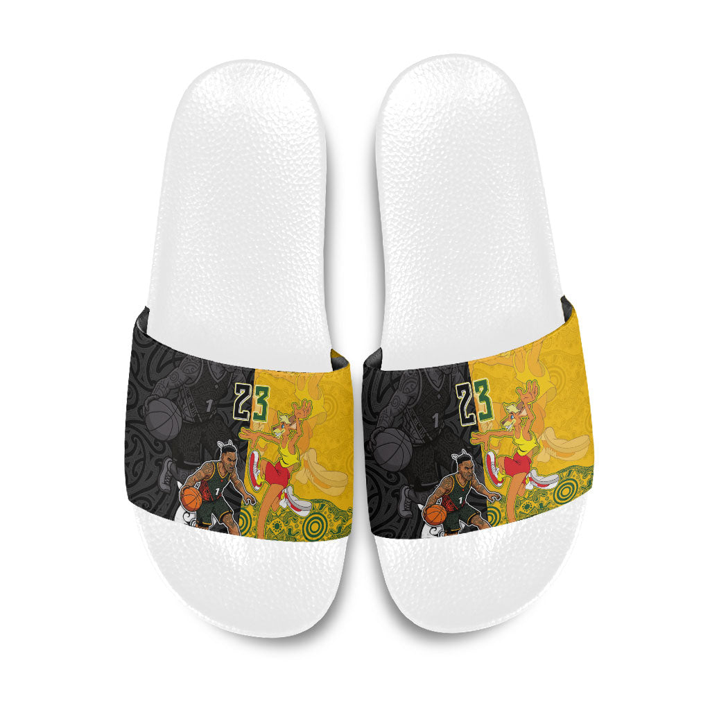 Aotearoa New Zealand And Australia Basketball Custom Slide Sandals Maori Tribal Tattoo And Aboriginal Dot Art Heritage LT03 Multicolor - Polynesian Pride