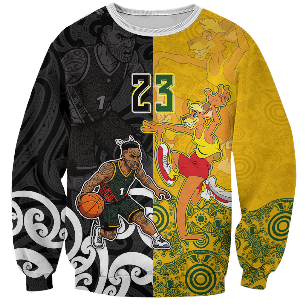 Aotearoa New Zealand And Australia Basketball Custom Sweatshirt Maori Tribal Tattoo And Aboriginal Dot Art Heritage LT03 Unisex Multicolor - Polynesian Pride