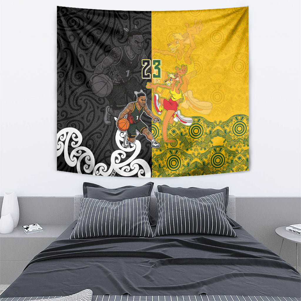 Aotearoa New Zealand And Australia Basketball Custom Tapestry Maori Tribal Tattoo And Aboriginal Dot Art Heritage LT03 - Polynesian Pride