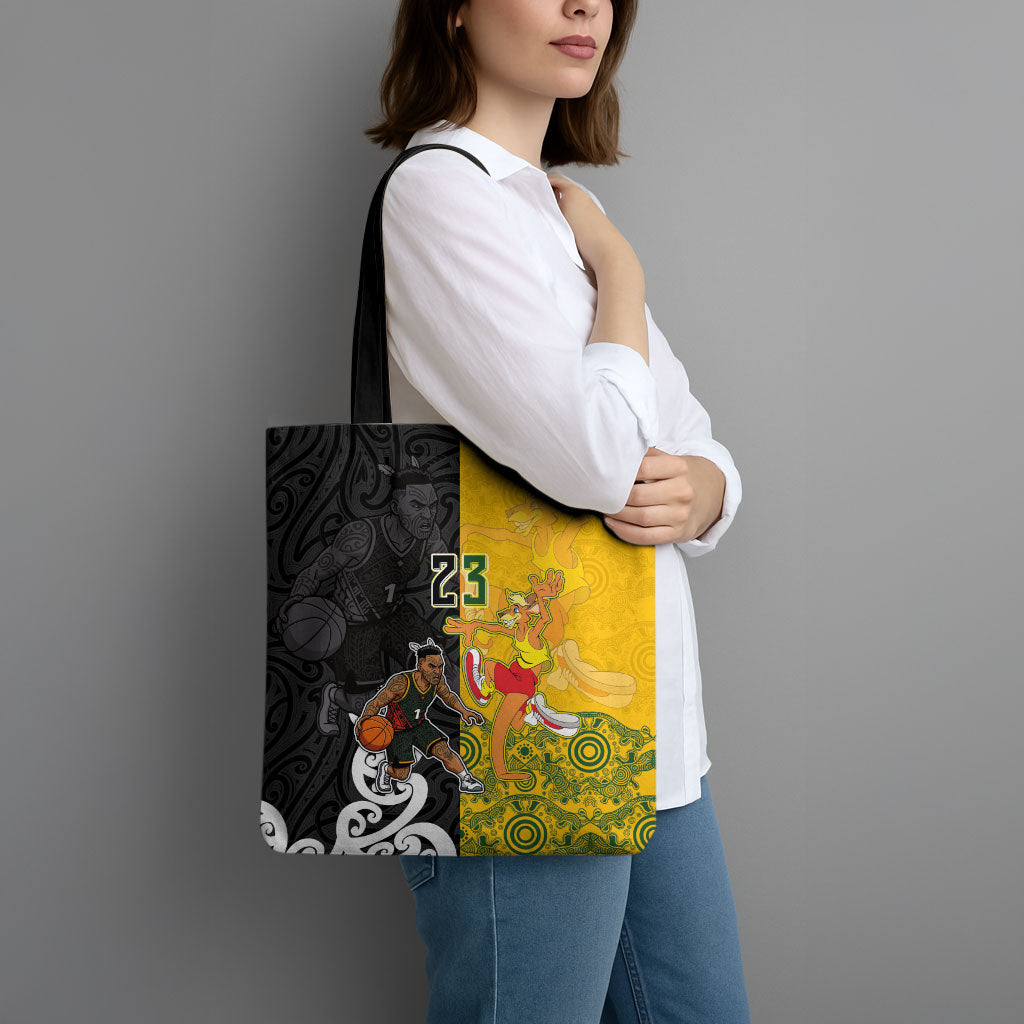Aotearoa New Zealand And Australia Basketball Custom Tote Bag Maori Tribal Tattoo And Aboriginal Dot Art Heritage LT03 - Polynesian Pride