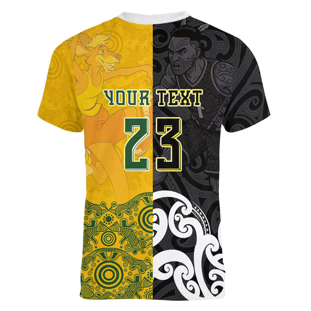 Aotearoa New Zealand And Australia Basketball Custom Women V-Neck T-Shirt Maori Tribal Tattoo And Aboriginal Dot Art Heritage LT03 - Polynesian Pride