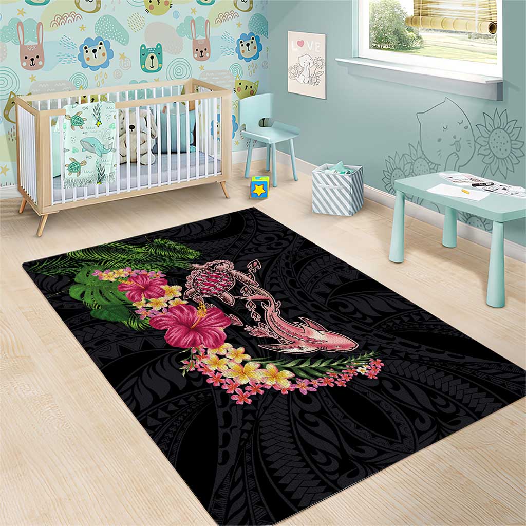 Hawaiian Tropical Plants Turtle and Shark Area Rug Polynesian Art Tattoo