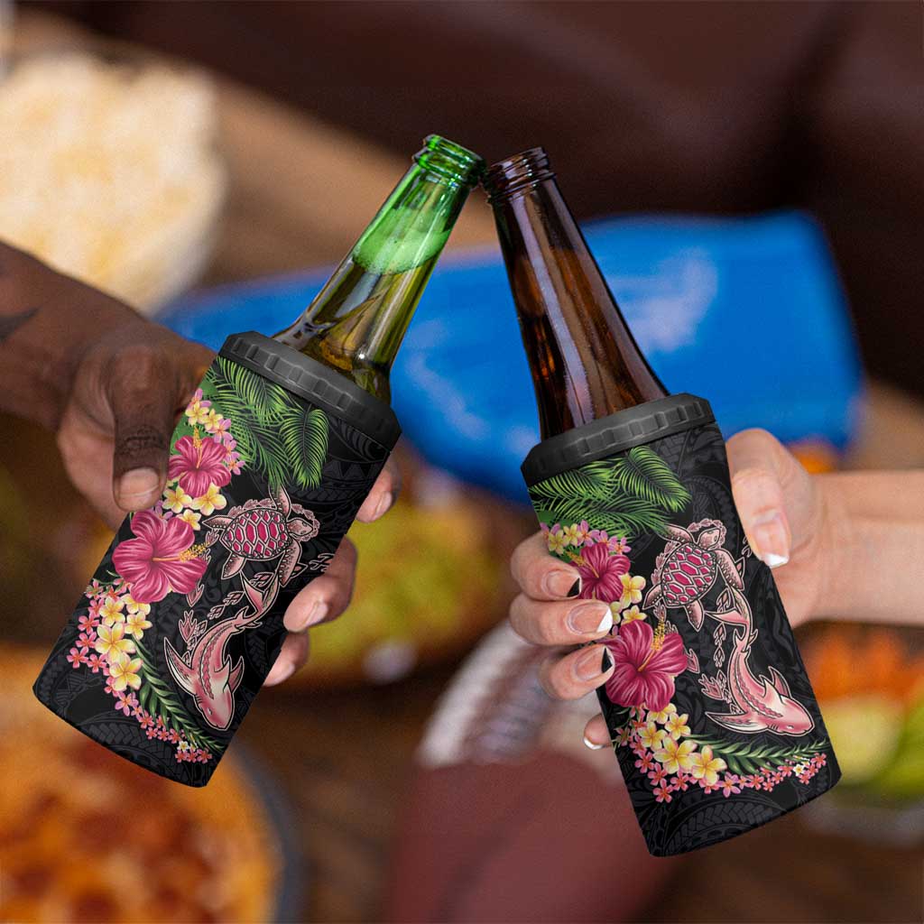 Hawaiian Tropical Plants Turtle and Shark 4 in 1 Can Cooler Tumbler Polynesian Art Tattoo