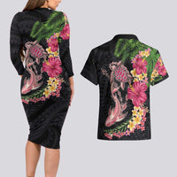 Hawaiian Tropical Plants Turtle and Shark Couples Matching Long Sleeve Bodycon Dress and Hawaiian Shirt Polynesian Art Tattoo LT03 - Polynesian Pride