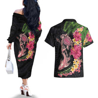 Hawaiian Tropical Plants Turtle and Shark Couples Matching Off The Shoulder Long Sleeve Dress and Hawaiian Shirt Polynesian Art Tattoo LT03 - Polynesian Pride