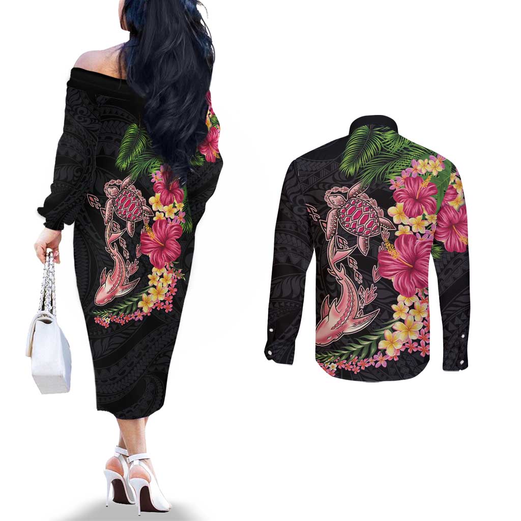 Hawaiian Tropical Plants Turtle and Shark Couples Matching Off The Shoulder Long Sleeve Dress and Long Sleeve Button Shirt Polynesian Art Tattoo