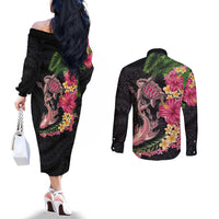 Hawaiian Tropical Plants Turtle and Shark Couples Matching Off The Shoulder Long Sleeve Dress and Long Sleeve Button Shirt Polynesian Art Tattoo