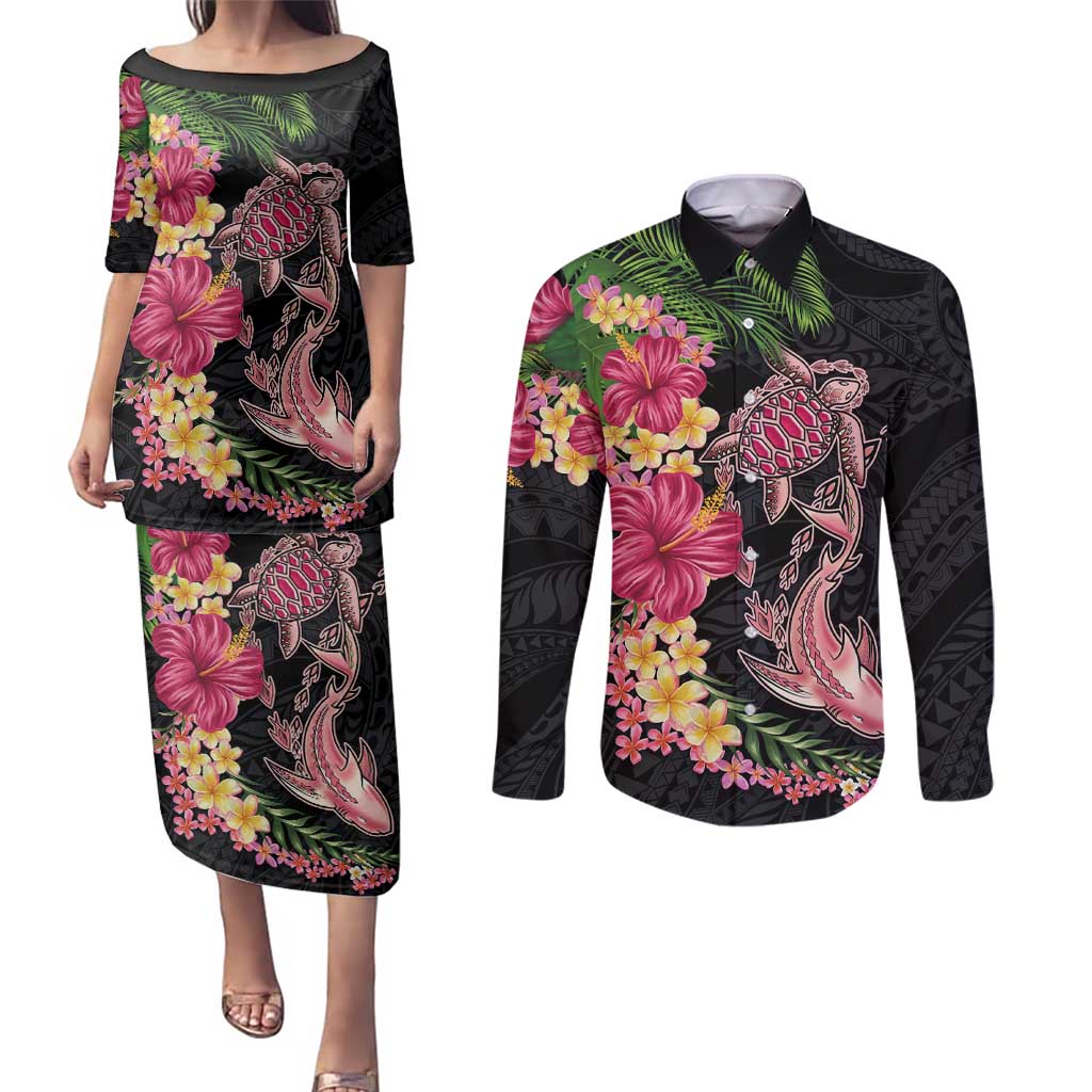 Hawaiian Tropical Plants Turtle and Shark Couples Matching Puletasi and Long Sleeve Button Shirt Polynesian Art Tattoo