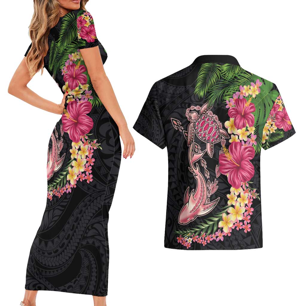 Hawaiian Tropical Plants Turtle and Shark Couples Matching Short Sleeve Bodycon Dress and Hawaiian Shirt Polynesian Art Tattoo LT03 - Polynesian Pride