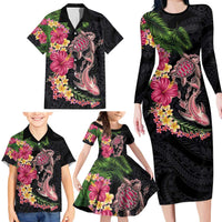 Hawaiian Tropical Plants Turtle and Shark Family Matching Long Sleeve Bodycon Dress and Hawaiian Shirt Polynesian Art Tattoo LT03 - Polynesian Pride