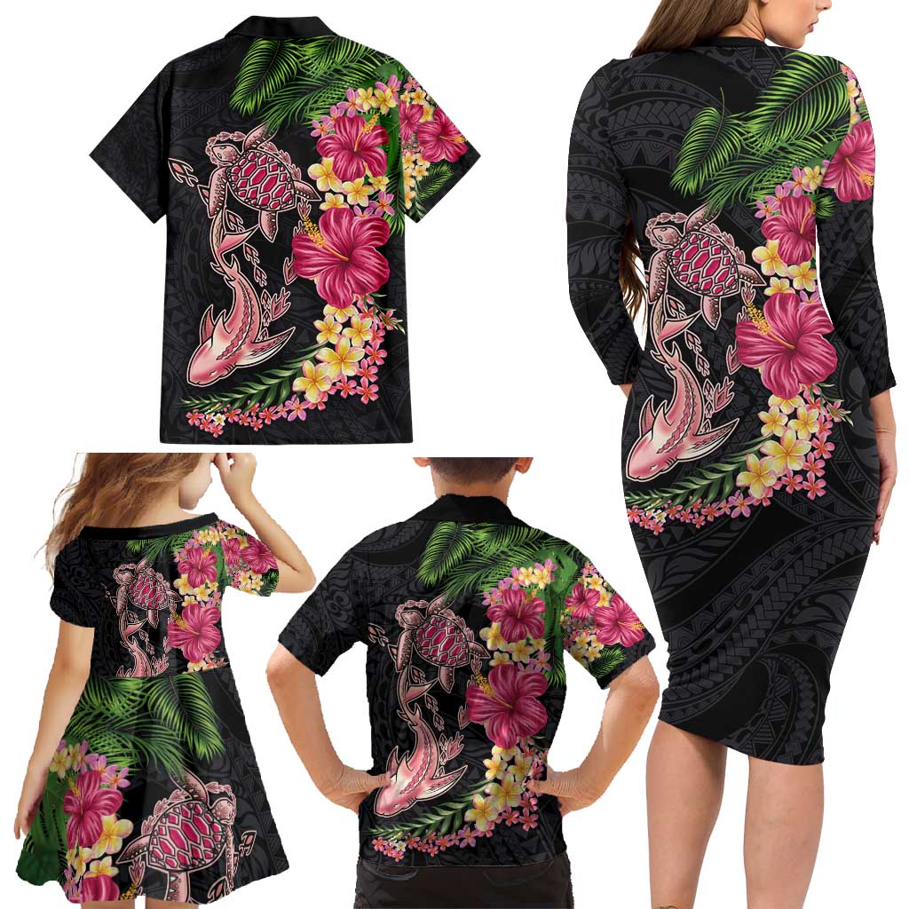 Hawaiian Tropical Plants Turtle and Shark Family Matching Long Sleeve Bodycon Dress and Hawaiian Shirt Polynesian Art Tattoo LT03 - Polynesian Pride