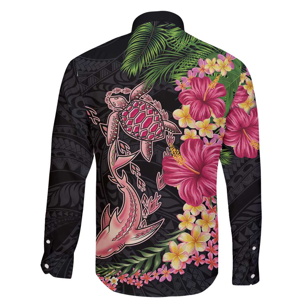 Hawaiian Tropical Plants Turtle and Shark Family Matching Long Sleeve Bodycon Dress and Hawaiian Shirt Polynesian Art Tattoo LT03 - Polynesian Pride