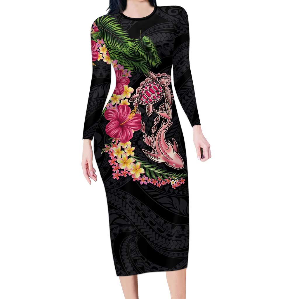Hawaiian Tropical Plants Turtle and Shark Family Matching Long Sleeve Bodycon Dress and Hawaiian Shirt Polynesian Art Tattoo LT03 Mom's Dress Black - Polynesian Pride