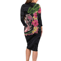 Hawaiian Tropical Plants Turtle and Shark Family Matching Long Sleeve Bodycon Dress and Hawaiian Shirt Polynesian Art Tattoo LT03 - Polynesian Pride