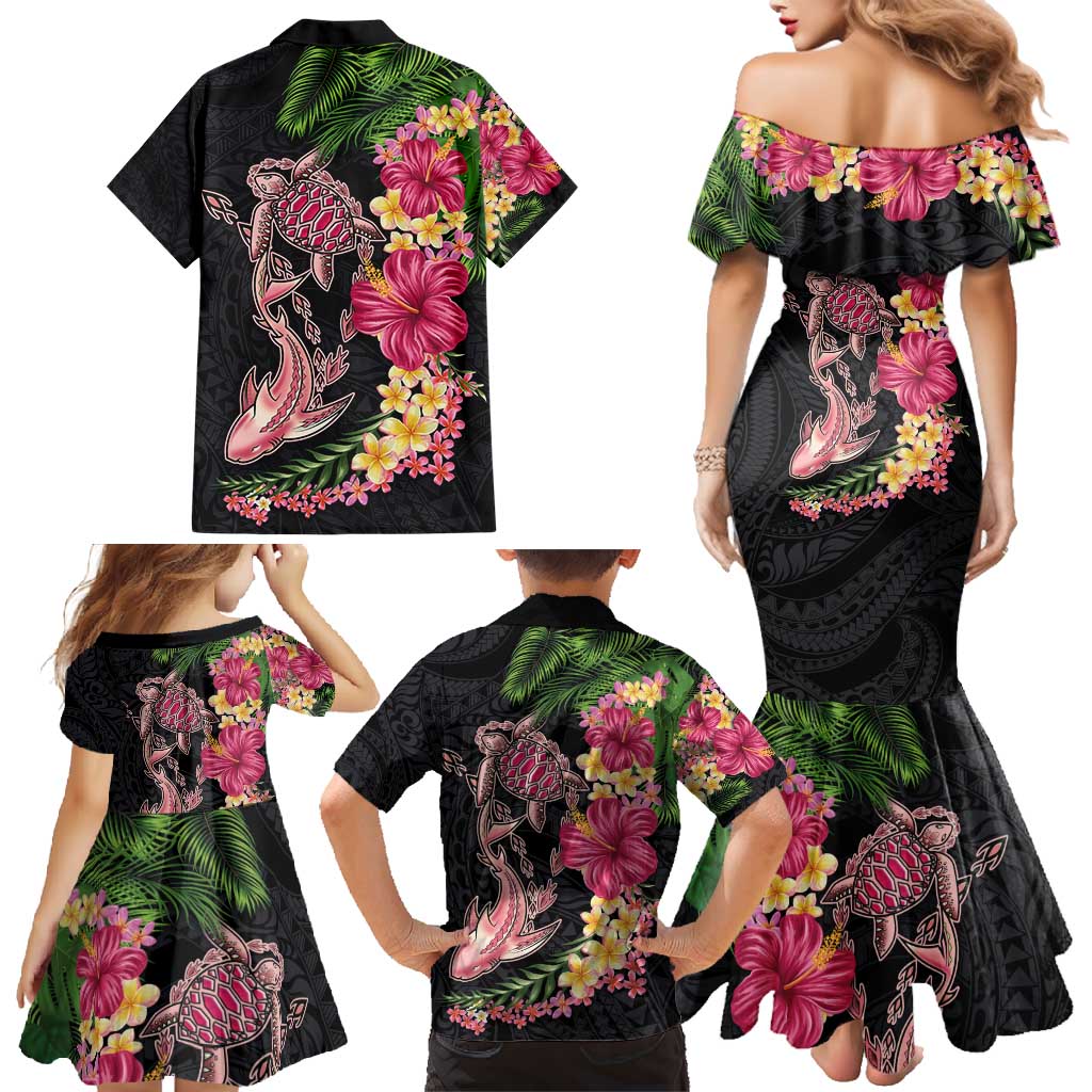 Hawaiian Tropical Plants Turtle and Shark Family Matching Mermaid Dress and Hawaiian Shirt Polynesian Art Tattoo LT03 - Polynesian Pride