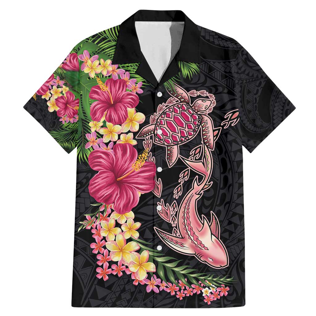 Hawaiian Tropical Plants Turtle and Shark Family Matching Mermaid Dress and Hawaiian Shirt Polynesian Art Tattoo LT03 Dad's Shirt - Short Sleeve Black - Polynesian Pride