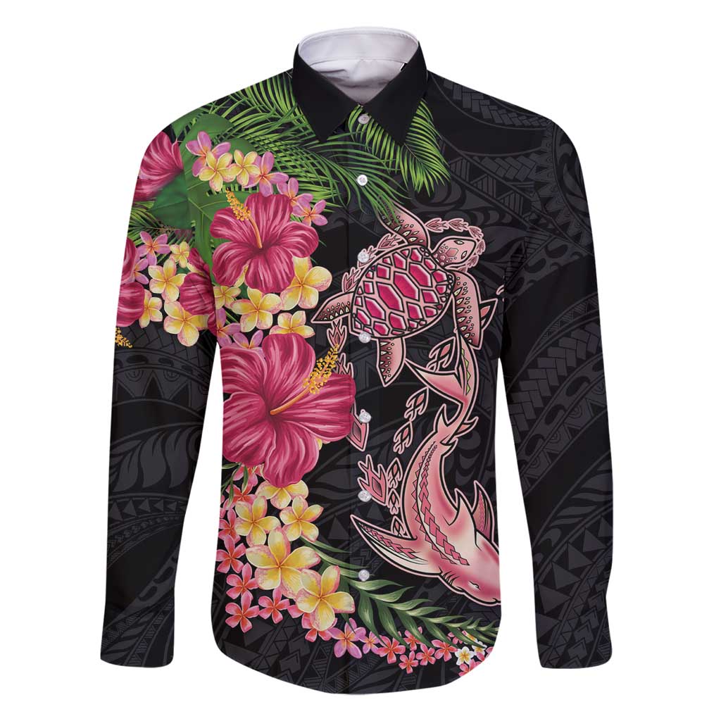 Hawaiian Tropical Plants Turtle and Shark Family Matching Mermaid Dress and Hawaiian Shirt Polynesian Art Tattoo LT03 Dad's Shirt - Long Sleeve Black - Polynesian Pride