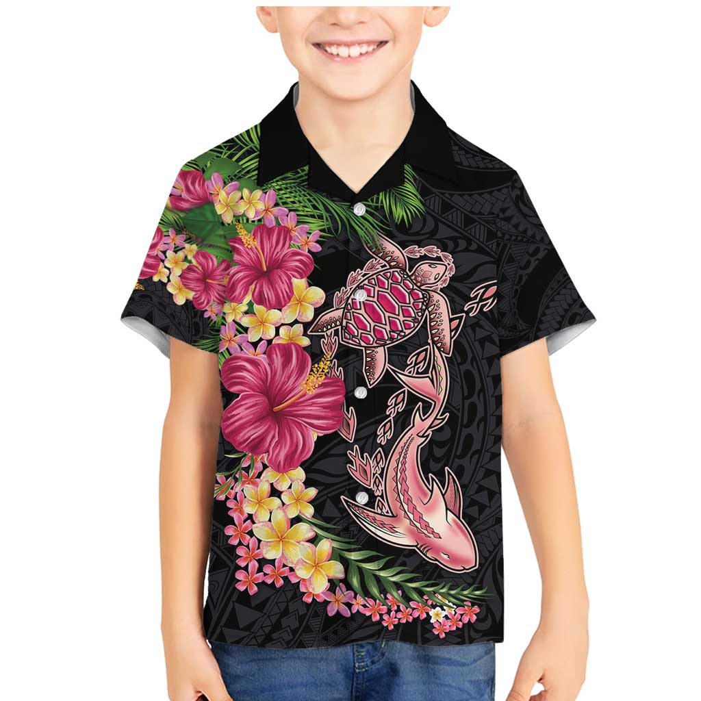 Hawaiian Tropical Plants Turtle and Shark Family Matching Mermaid Dress and Hawaiian Shirt Polynesian Art Tattoo LT03 Son's Shirt Black - Polynesian Pride
