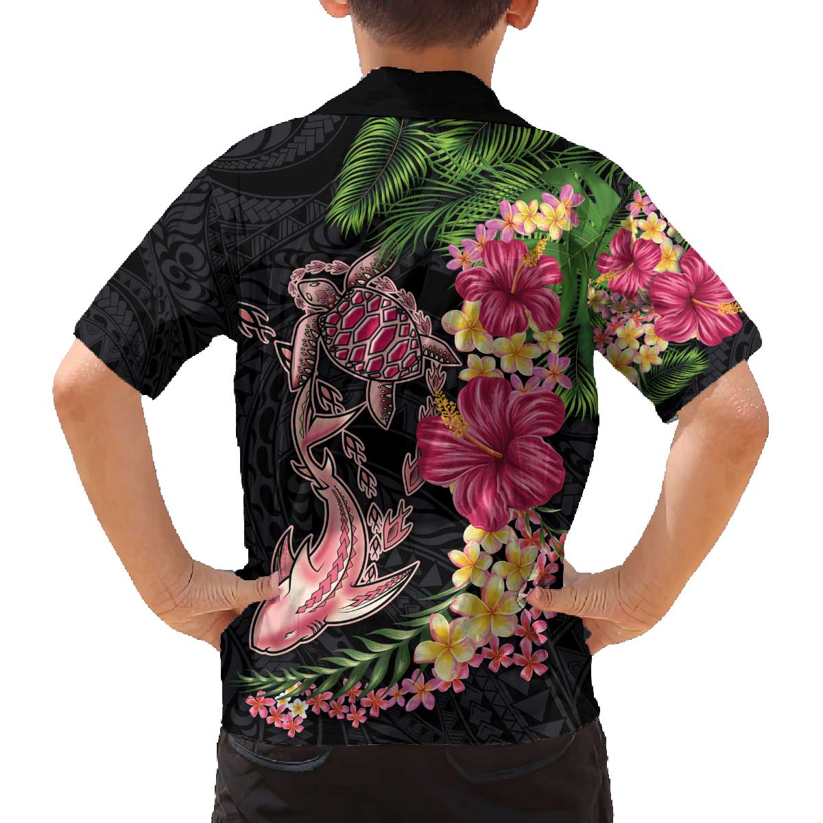 Hawaiian Tropical Plants Turtle and Shark Family Matching Off The Shoulder Long Sleeve Dress and Hawaiian Shirt Polynesian Art Tattoo LT03 - Polynesian Pride