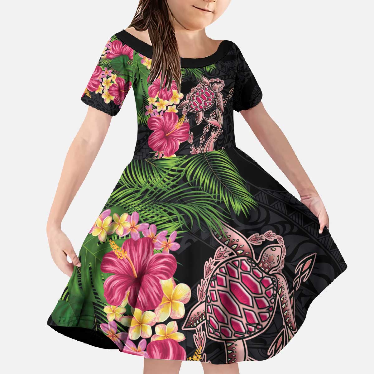 Hawaiian Tropical Plants Turtle and Shark Family Matching Off The Shoulder Long Sleeve Dress and Hawaiian Shirt Polynesian Art Tattoo LT03 Daughter's Dress Black - Polynesian Pride
