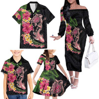 Hawaiian Tropical Plants Turtle and Shark Family Matching Off The Shoulder Long Sleeve Dress and Hawaiian Shirt Polynesian Art Tattoo LT03 - Polynesian Pride