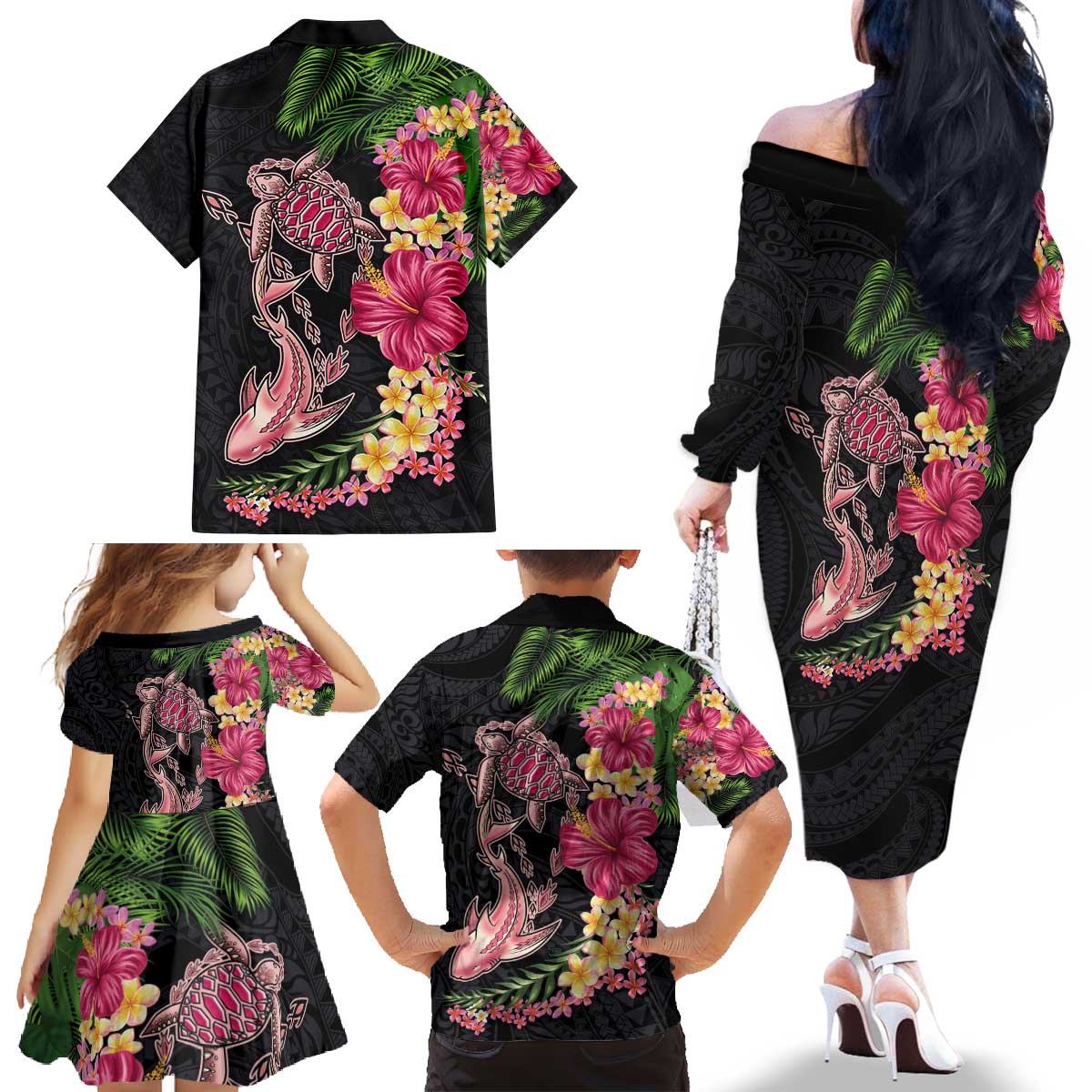 Hawaiian Tropical Plants Turtle and Shark Family Matching Off The Shoulder Long Sleeve Dress and Hawaiian Shirt Polynesian Art Tattoo LT03 - Polynesian Pride