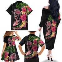 Hawaiian Tropical Plants Turtle and Shark Family Matching Off The Shoulder Long Sleeve Dress and Hawaiian Shirt Polynesian Art Tattoo LT03 - Polynesian Pride