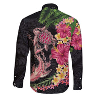 Hawaiian Tropical Plants Turtle and Shark Family Matching Off The Shoulder Long Sleeve Dress and Hawaiian Shirt Polynesian Art Tattoo LT03 - Polynesian Pride