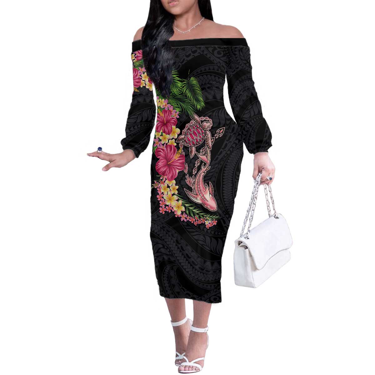 Hawaiian Tropical Plants Turtle and Shark Family Matching Off The Shoulder Long Sleeve Dress and Hawaiian Shirt Polynesian Art Tattoo LT03 Mom's Dress Black - Polynesian Pride