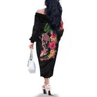 Hawaiian Tropical Plants Turtle and Shark Family Matching Off The Shoulder Long Sleeve Dress and Hawaiian Shirt Polynesian Art Tattoo LT03 - Polynesian Pride
