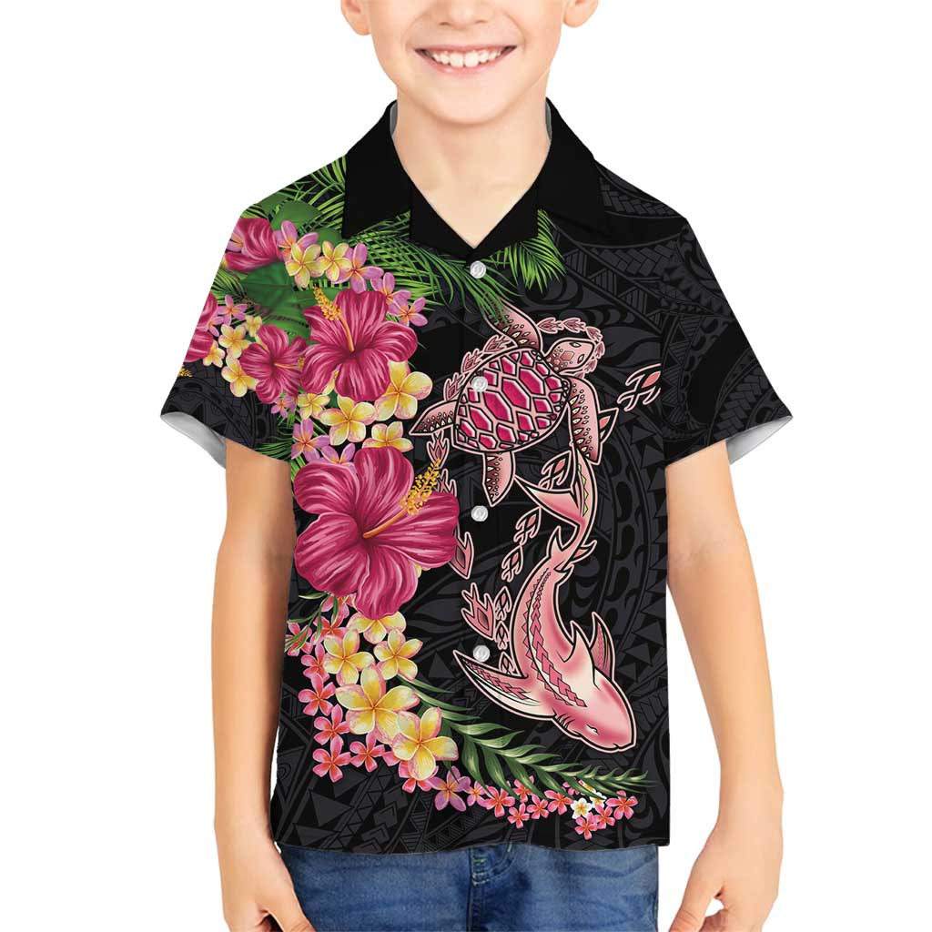 Hawaiian Tropical Plants Turtle and Shark Family Matching Off Shoulder Maxi Dress and Hawaiian Shirt Polynesian Art Tattoo LT03 Son's Shirt Black - Polynesian Pride
