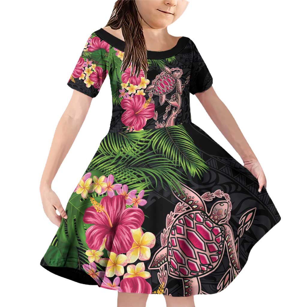 Hawaiian Tropical Plants Turtle and Shark Family Matching Off Shoulder Short Dress and Hawaiian Shirt Polynesian Art Tattoo LT03 Daughter's Dress Black - Polynesian Pride