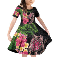 Hawaiian Tropical Plants Turtle and Shark Family Matching Off Shoulder Short Dress and Hawaiian Shirt Polynesian Art Tattoo LT03 Daughter's Dress Black - Polynesian Pride