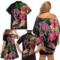 Hawaiian Tropical Plants Turtle and Shark Family Matching Off Shoulder Short Dress and Hawaiian Shirt Polynesian Art Tattoo LT03 - Polynesian Pride