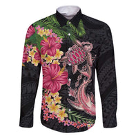 Hawaiian Tropical Plants Turtle and Shark Family Matching Off Shoulder Short Dress and Hawaiian Shirt Polynesian Art Tattoo LT03 Dad's Shirt - Long Sleeve Black - Polynesian Pride