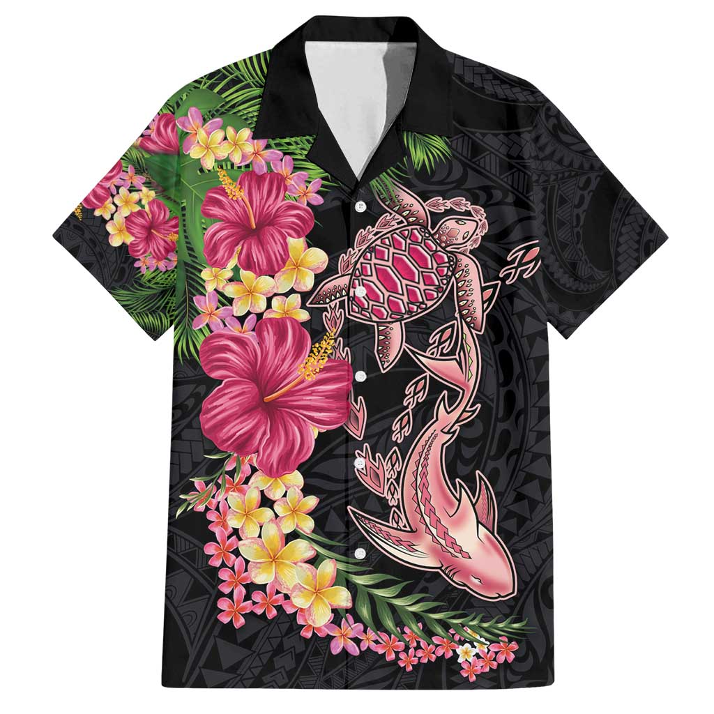 Hawaiian Tropical Plants Turtle and Shark Family Matching Puletasi and Hawaiian Shirt Polynesian Art Tattoo LT03 Dad's Shirt - Short Sleeve Black - Polynesian Pride