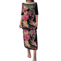 Hawaiian Tropical Plants Turtle and Shark Family Matching Puletasi and Hawaiian Shirt Polynesian Art Tattoo LT03 Mom's Dress Black - Polynesian Pride