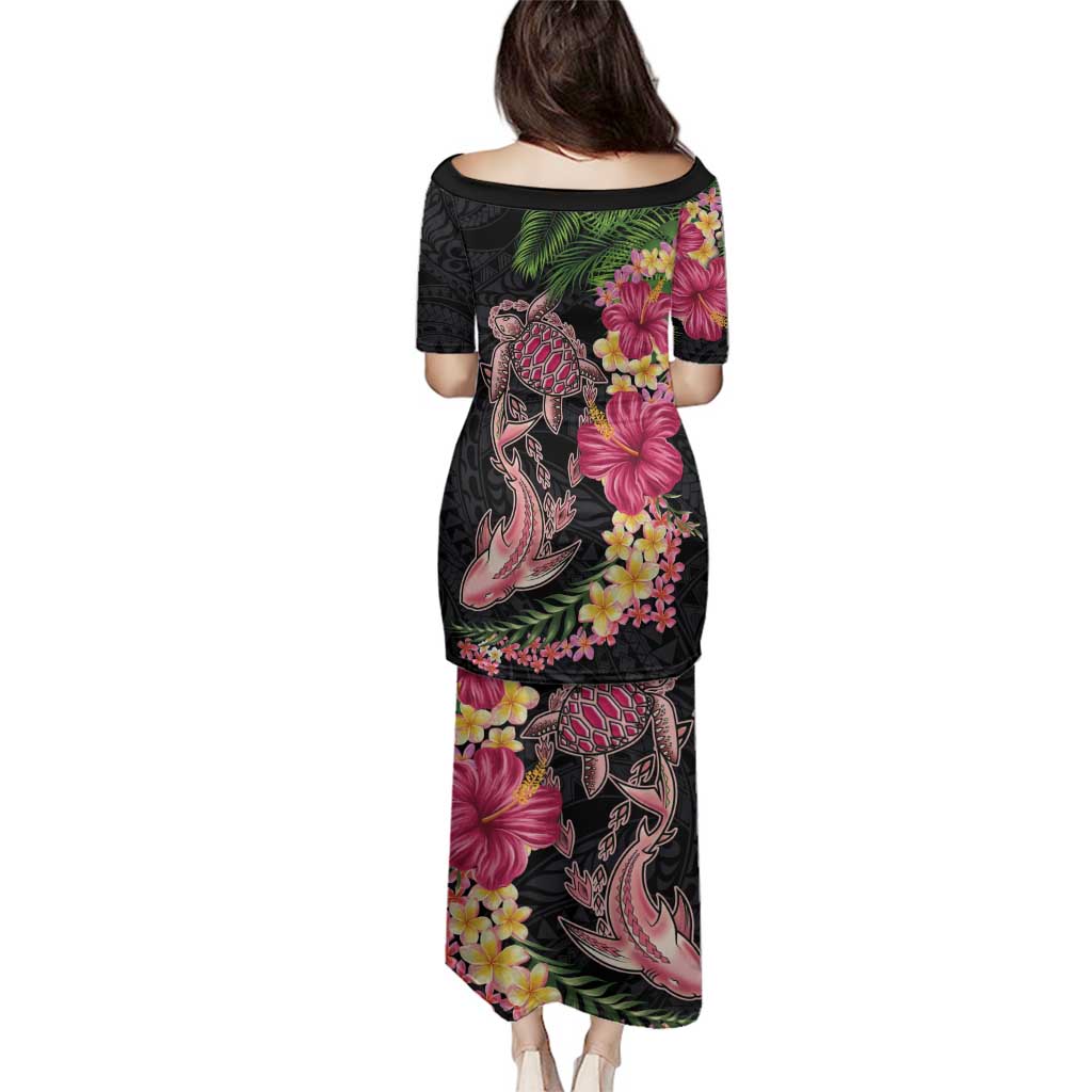 Hawaiian Tropical Plants Turtle and Shark Family Matching Puletasi and Hawaiian Shirt Polynesian Art Tattoo LT03 - Polynesian Pride