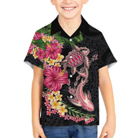 Hawaiian Tropical Plants Turtle and Shark Family Matching Puletasi and Hawaiian Shirt Polynesian Art Tattoo LT03 Son's Shirt Black - Polynesian Pride