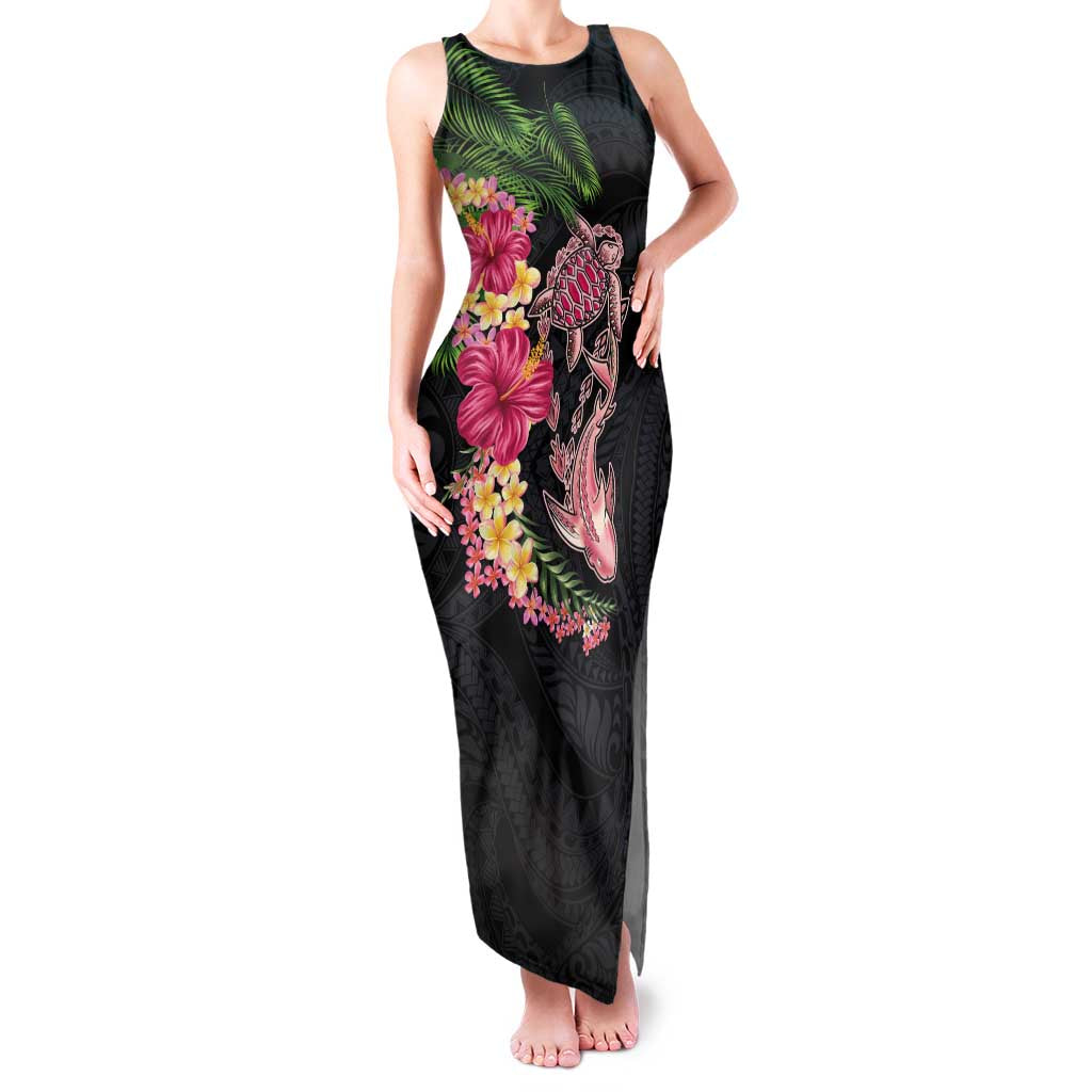 Hawaiian Tropical Plants Turtle and Shark Family Matching Tank Maxi Dress and Hawaiian Shirt Polynesian Art Tattoo LT03 Mom's Dress Black - Polynesian Pride