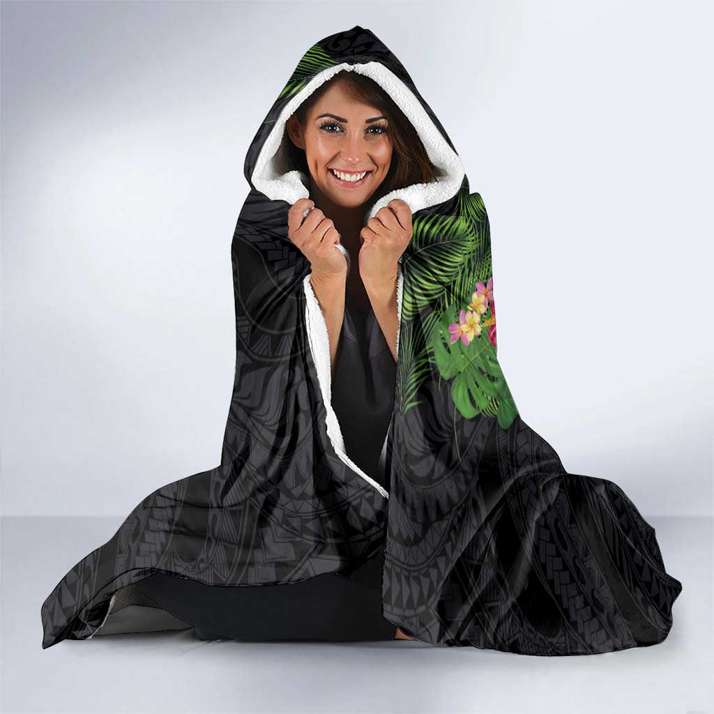 Hawaiian Tropical Plants Turtle and Shark Hooded Blanket Polynesian Art Tattoo