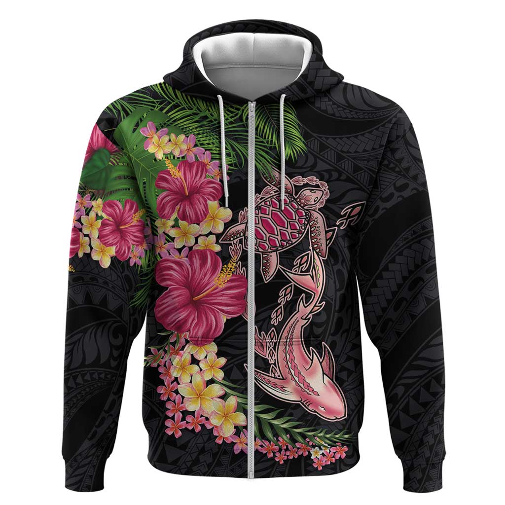 Hawaiian Tropical Plants Turtle and Shark Hoodie Polynesian Art Tattoo LT03 Zip Hoodie Black - Polynesian Pride