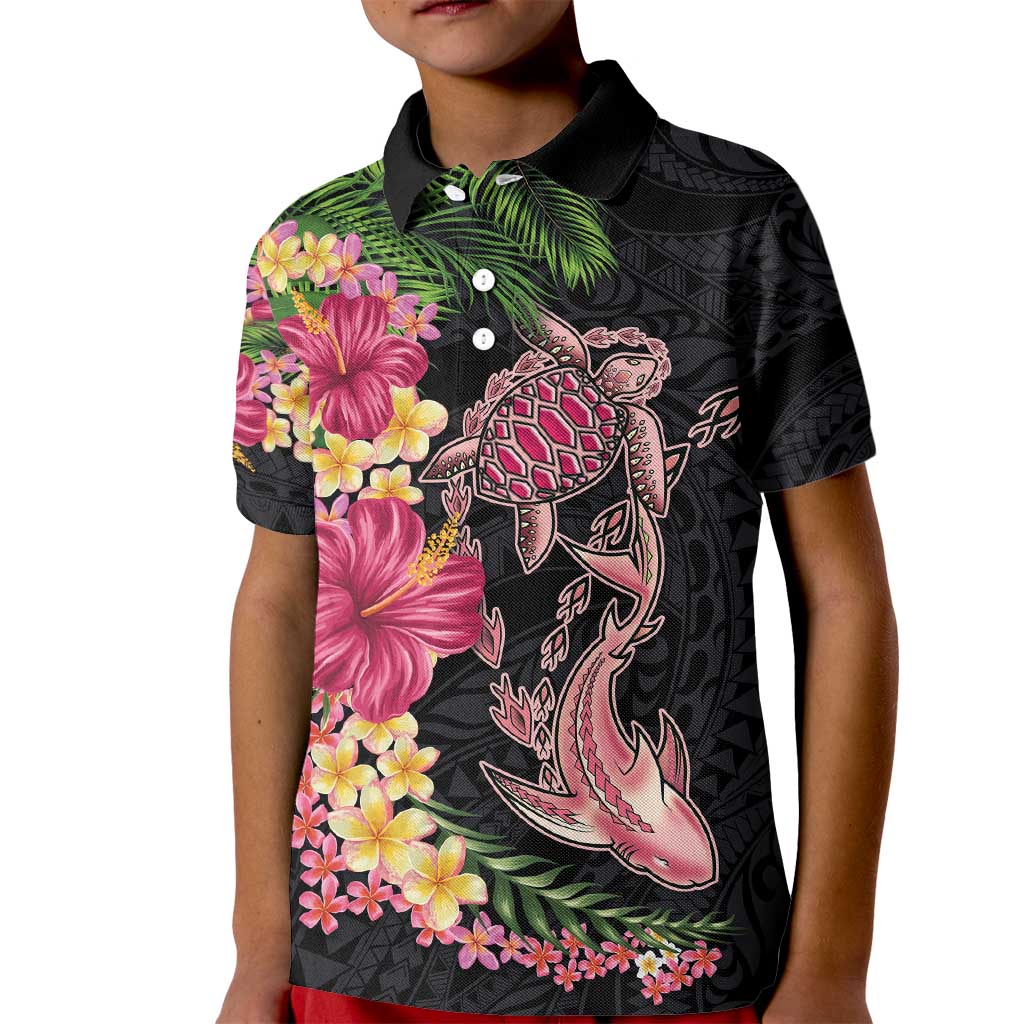 Hawaiian Tropical Plants Turtle and Shark Kid Polo Shirt Polynesian Art Tattoo