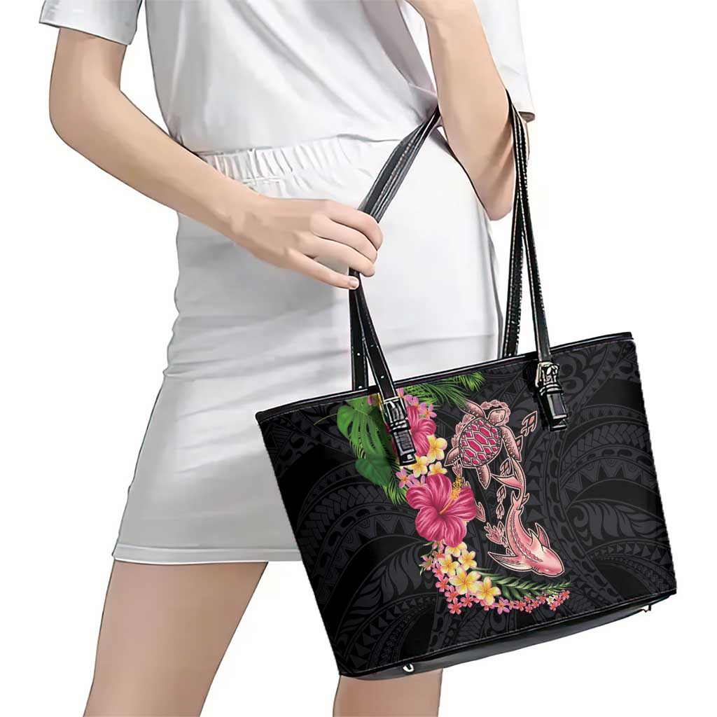 Hawaiian Tropical Plants Turtle and Shark Leather Tote Bag Polynesian Art Tattoo